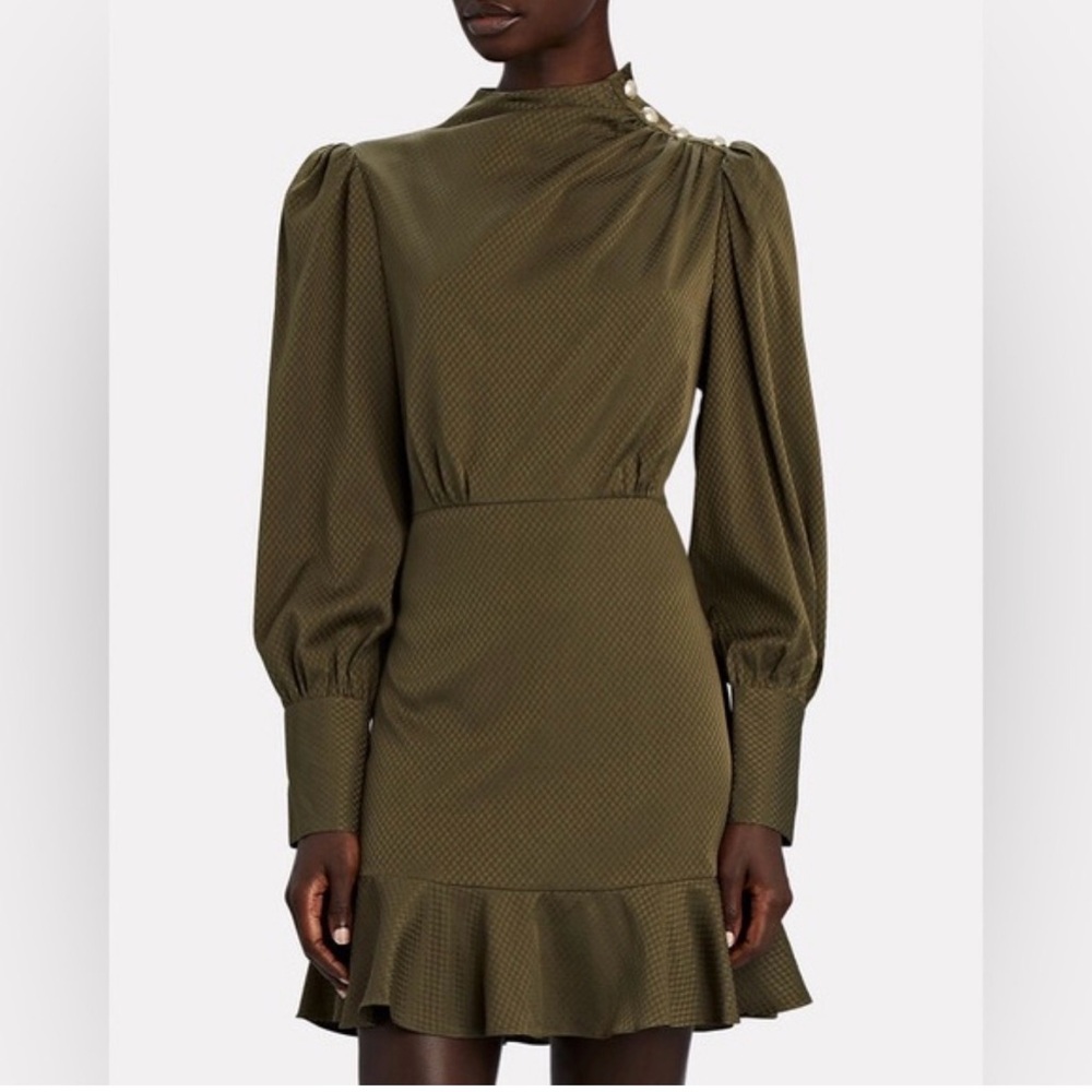 INTERMIX Olive Green Puff-Sleeve Mini Dress with Ruffle Hem